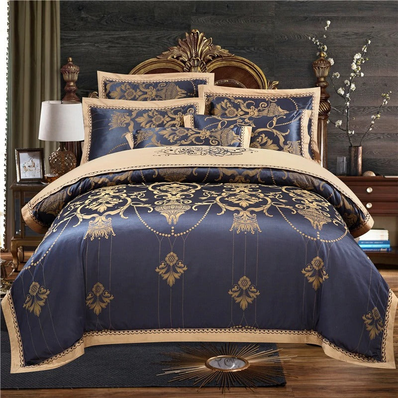 Aveline Indigo Blue Silky Jaquard Bedding Set